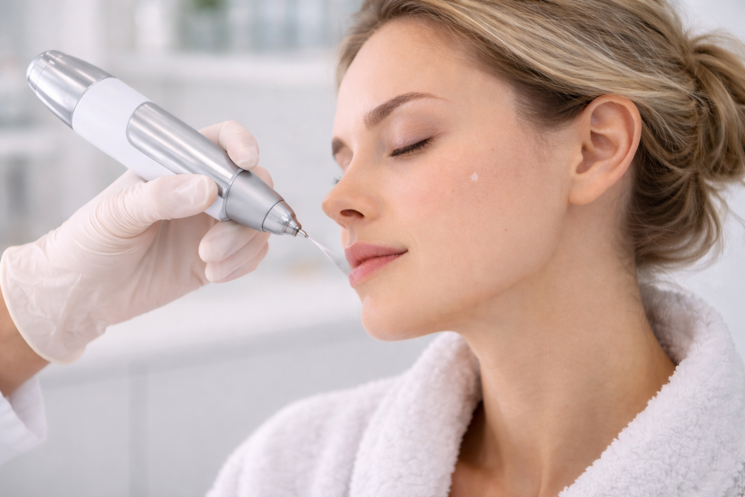 A doctor applying Cryosonic Treatment to a patient's skin, demonstrating the precision and care involved in the process.